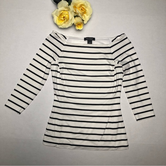 ⭐️NEW⭐️White House Black Market (WHBM) 3/4 Sleeve Boat Neck Striped Knit Top - Picture 4 of 8